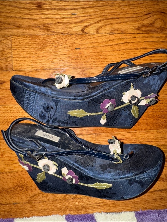 Prada Shoes - Prada Navy Floral Appliqué Wedge Sandals